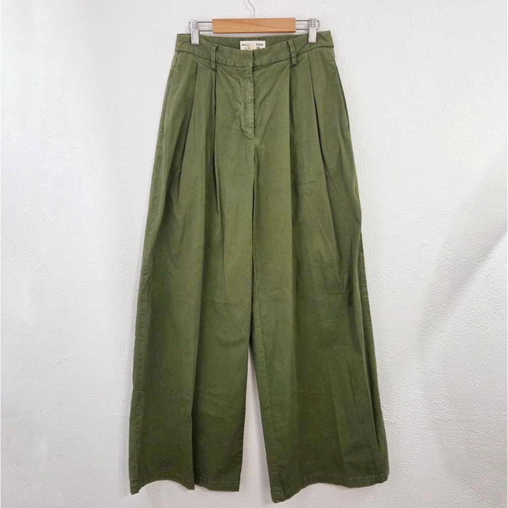 Nili Lotan Dillon Pleated Cotton Wide-Leg Pants clover green women's size 4 - Picture 3 of 7